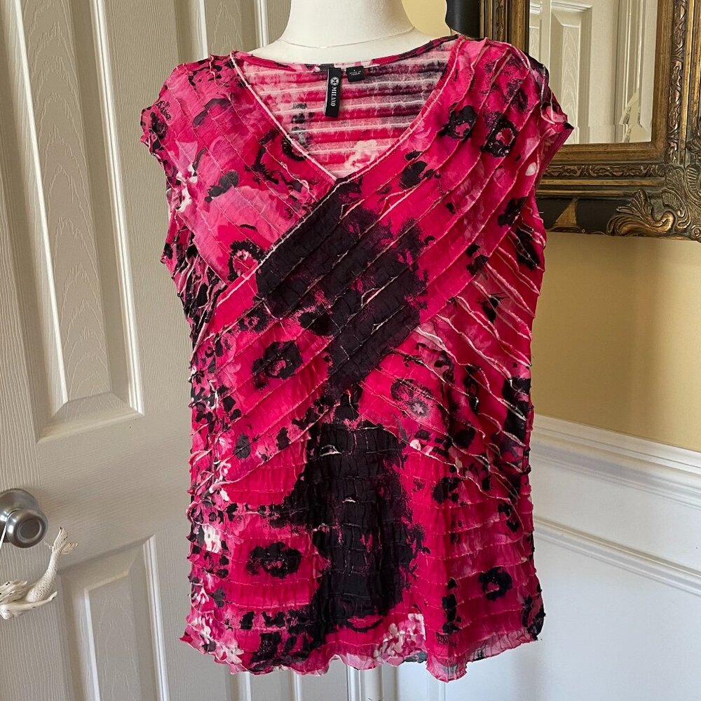 Milano Women's Stretch Top Size L Cap Sleeves Fully Pleated Ruffly Pink Black